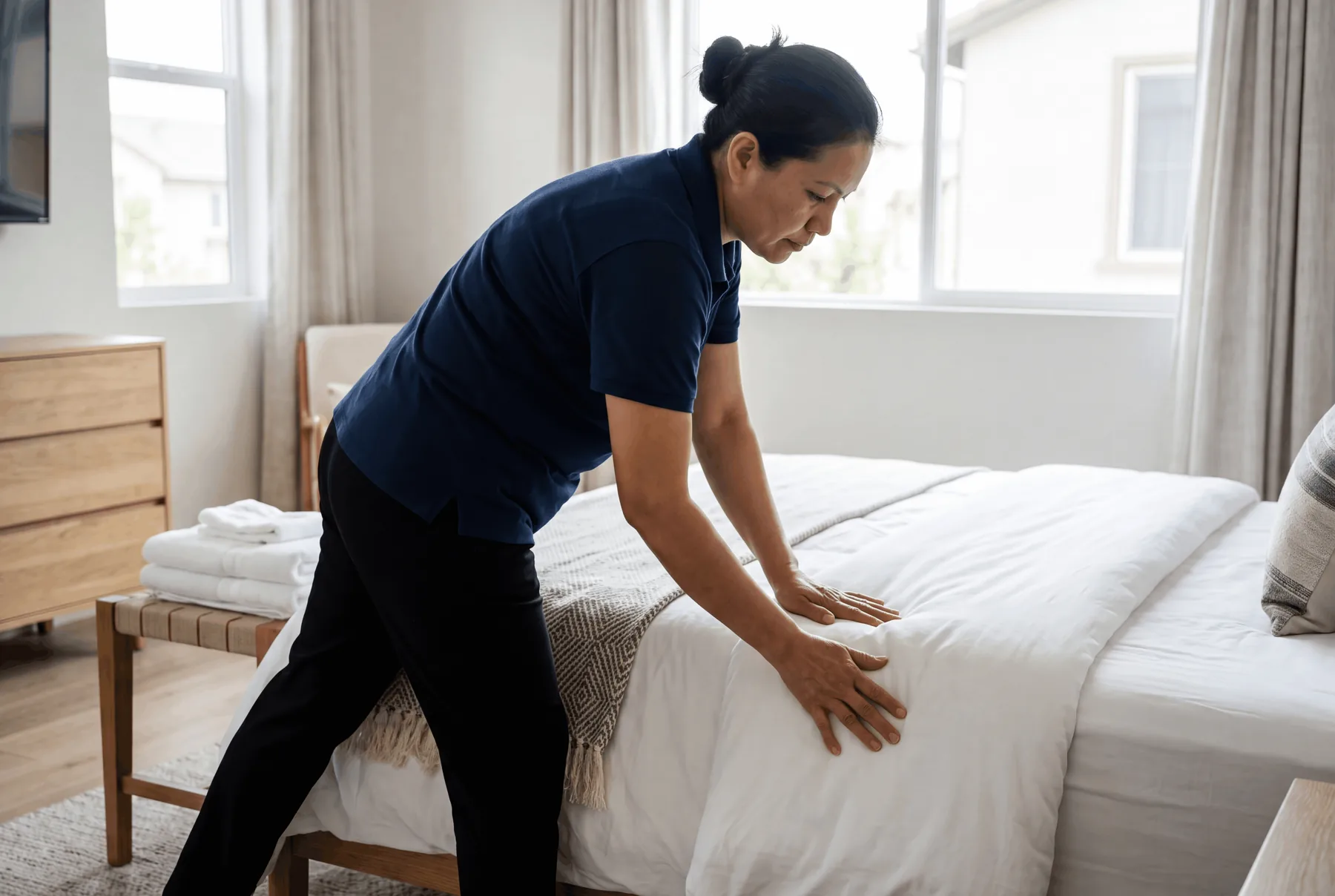 Short-term rental bedroom reset after a Noblemaid turnover clean