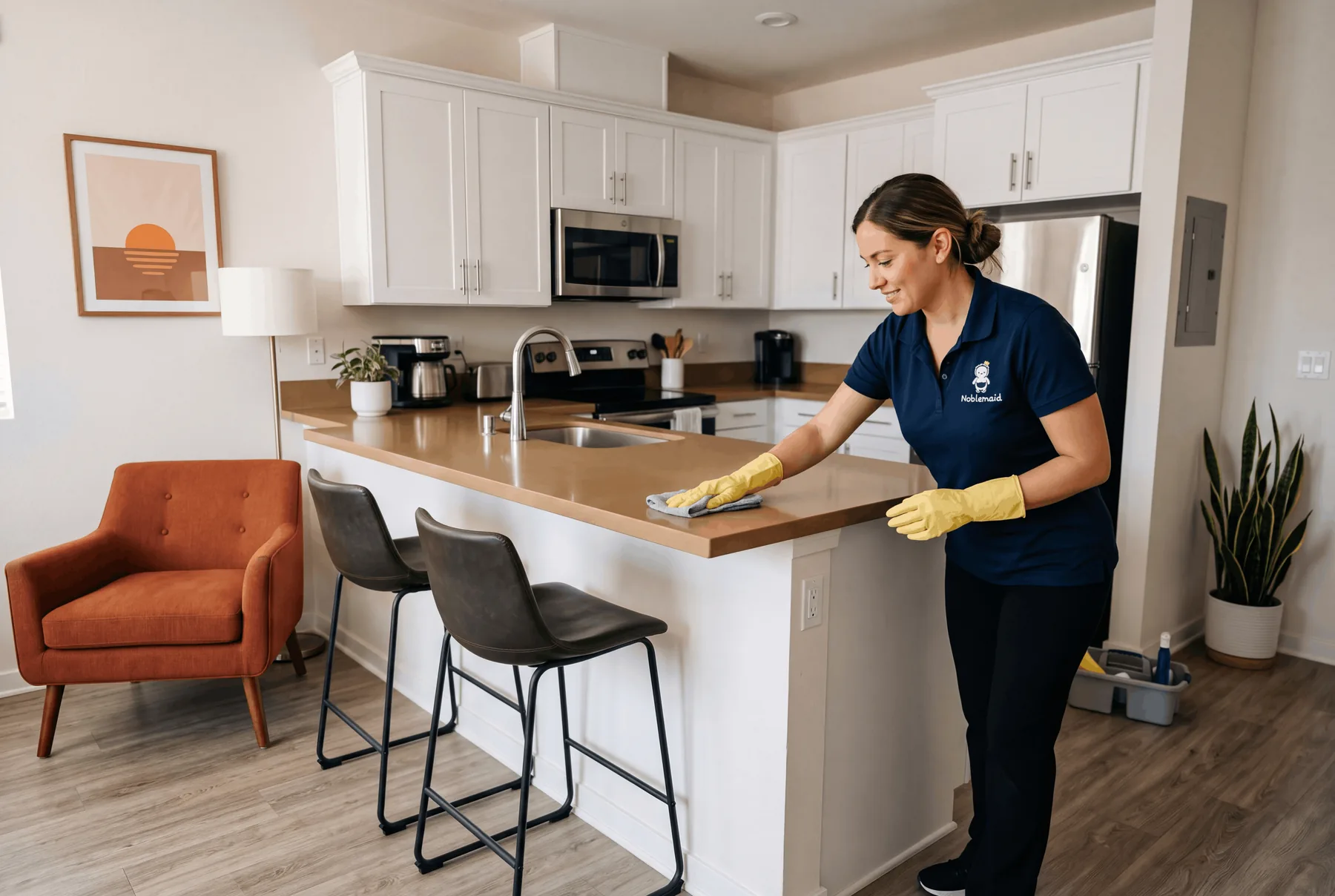 A Noblemaid cleaner wiping a kitchen counter in an Irvine home