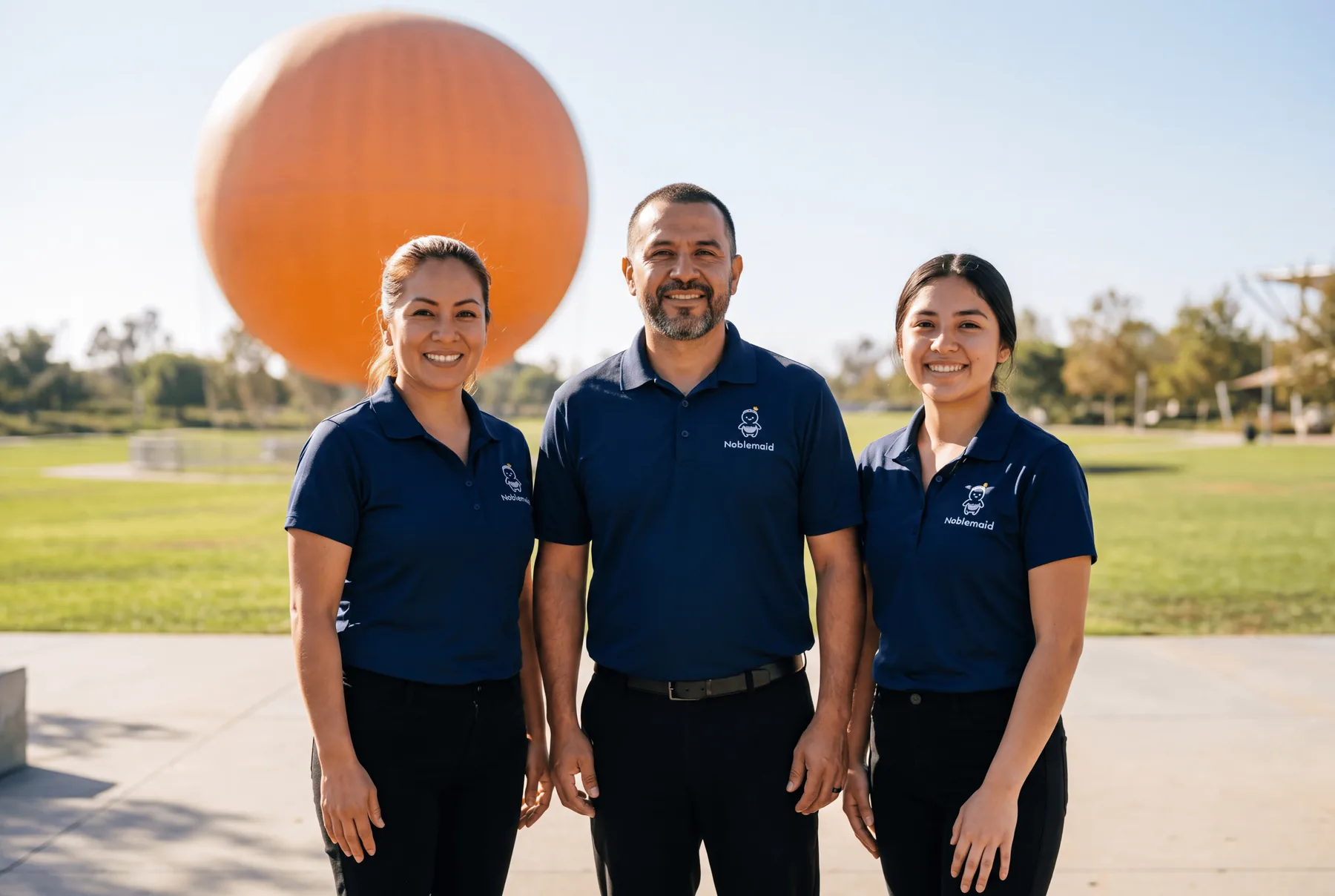 Three Noblemaid cleaners in navy polos in Orange County