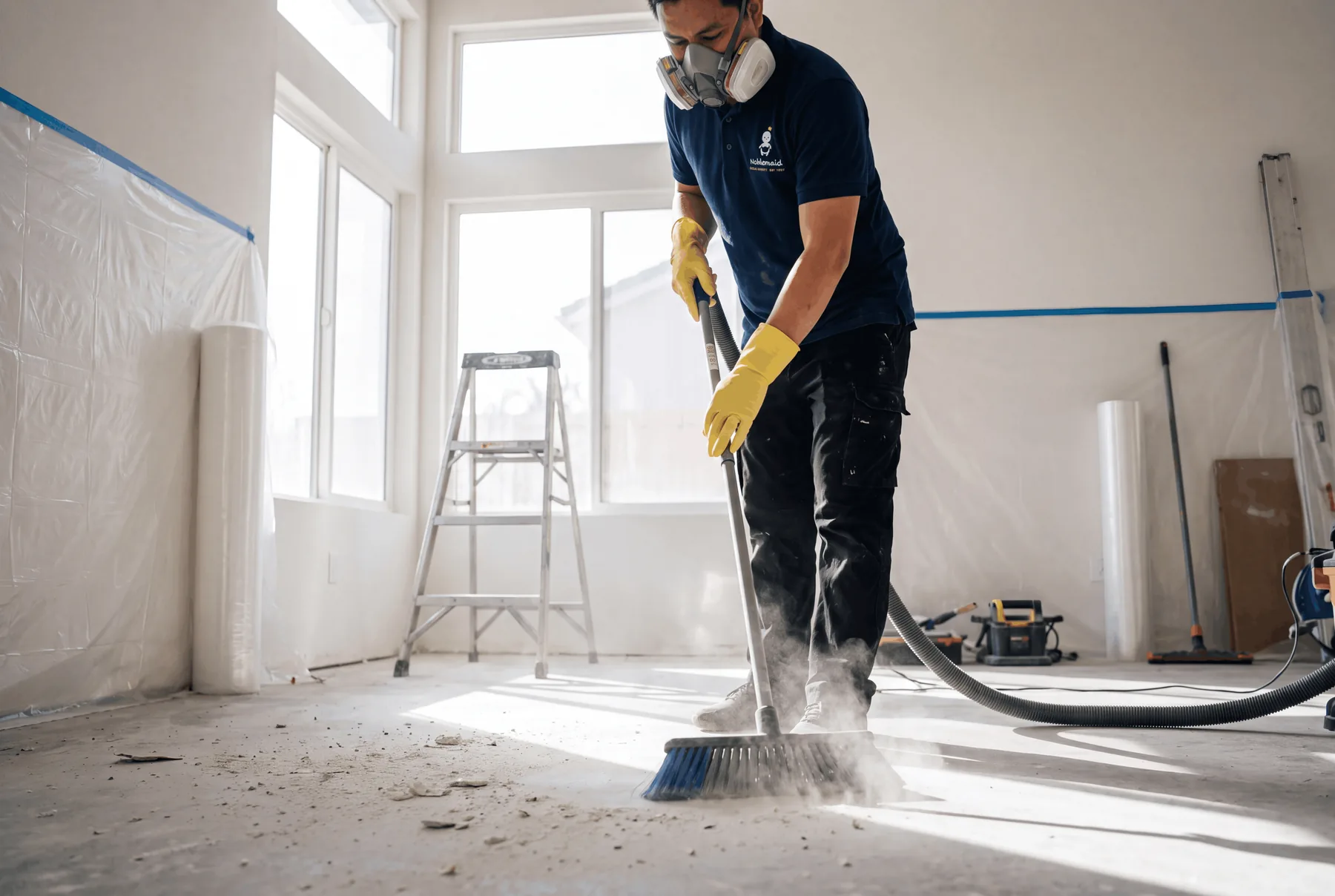 A Noblemaid cleaner sweeping construction dust from a bare concrete floor